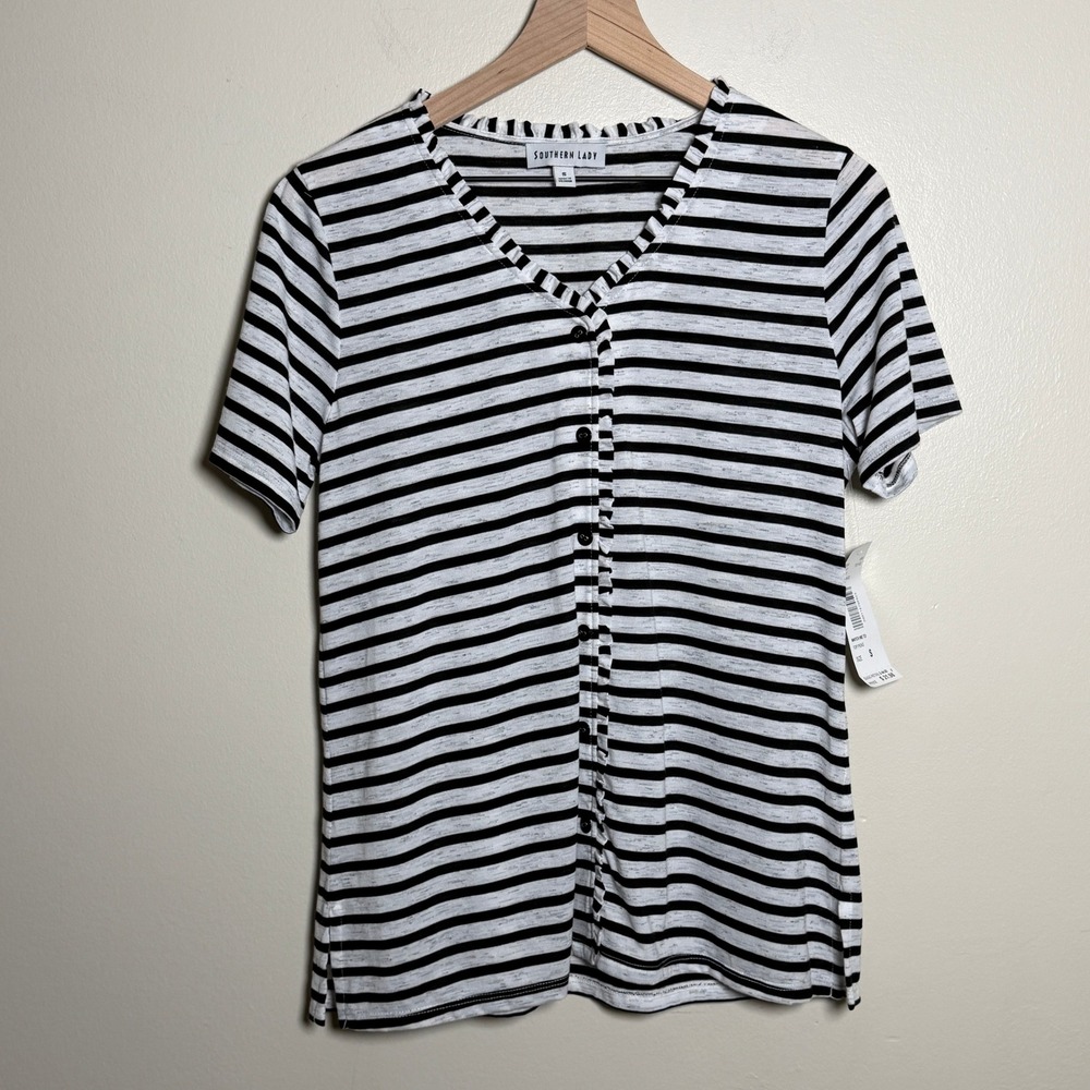 Southern Lady Striped Ruffle V-Neck Faux Button Top Black White Small NEW Basics